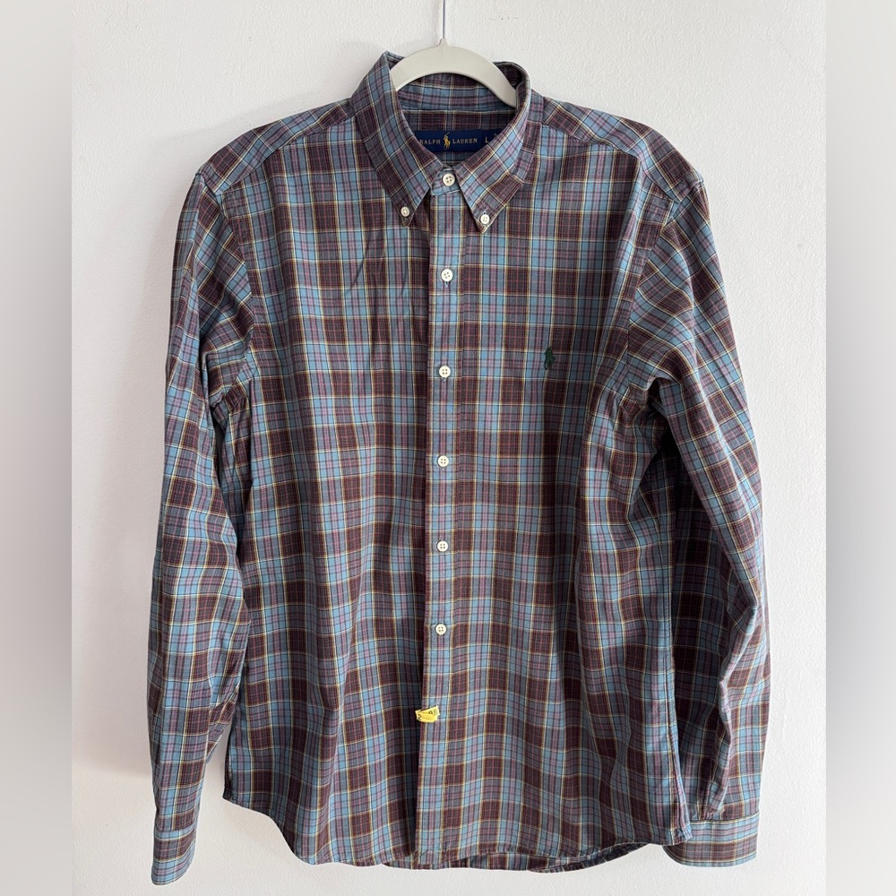 Ralph Lauren Men's Cotton Shirt - Blue with Red, Gold and Black Plaid Pattern